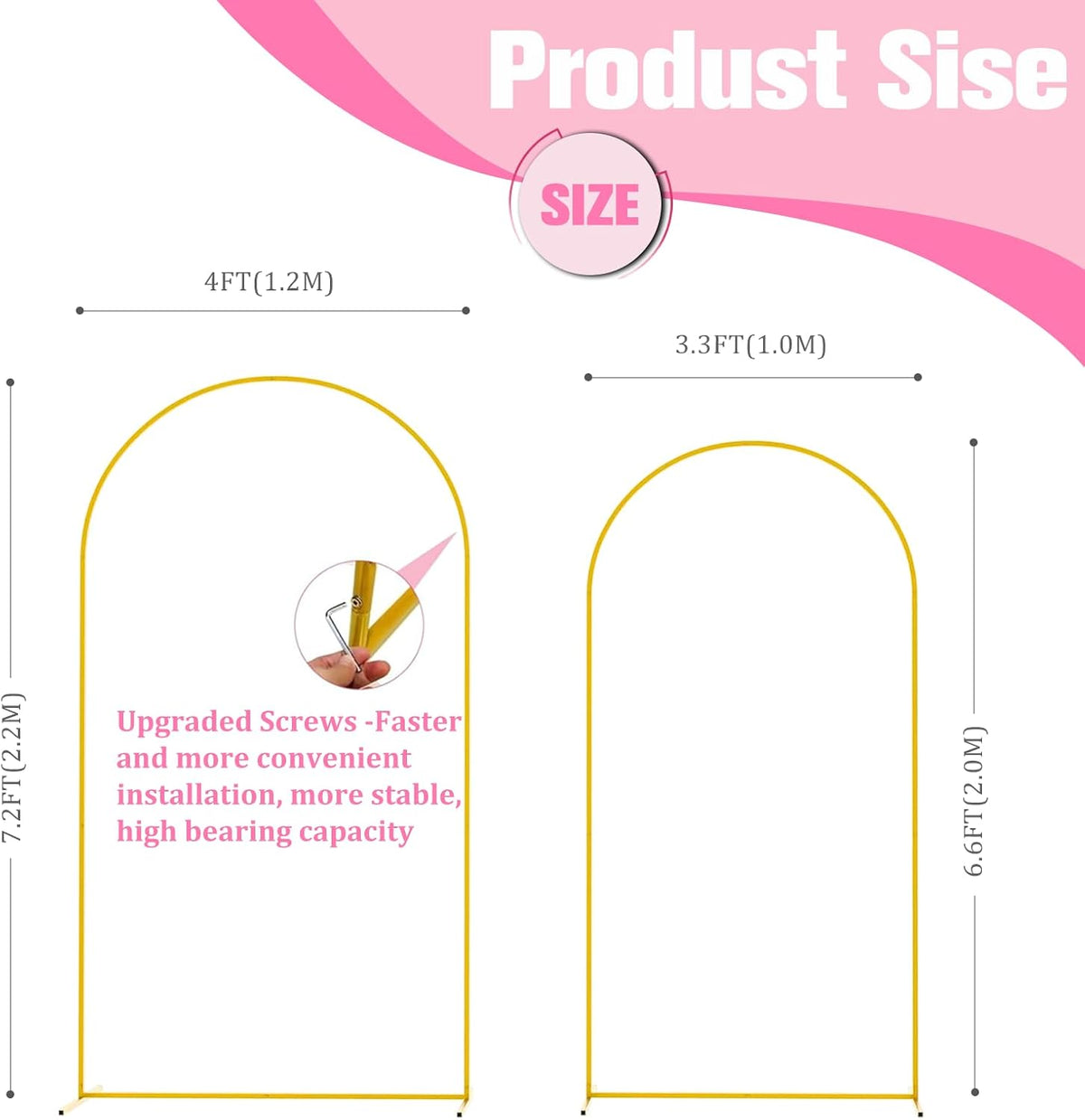 7.2FT and 6.6FT Metal Wedding Arch Backdrop Stand Set for Events, Parties, and Ceremonies