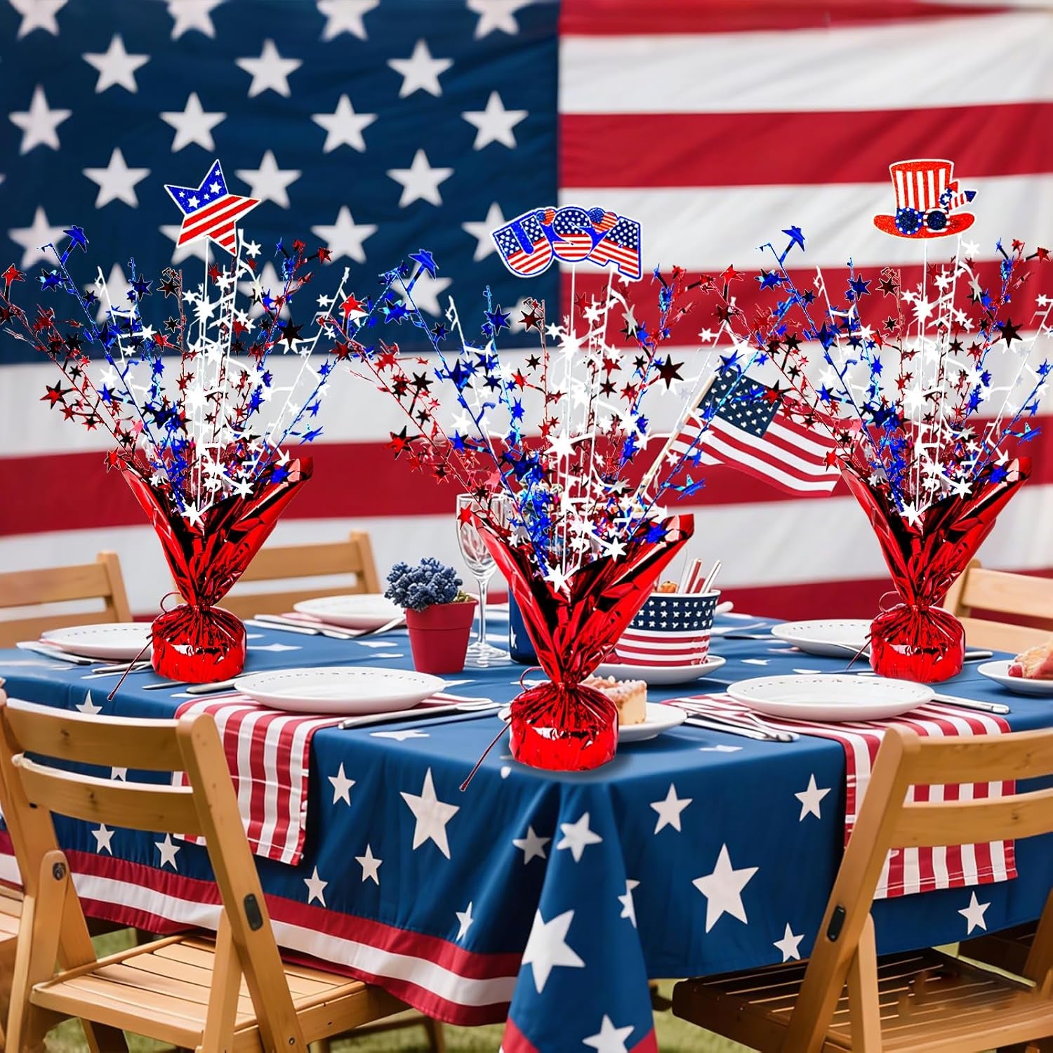 6 Pcs 4Th of July Table Decoration Red White and Blue Table Centerpiece Metallic Foil Spray Star Burst Patriotic 250Th Anniversary Independence Memorial Labor Veteran Day Tabletop Party Decor