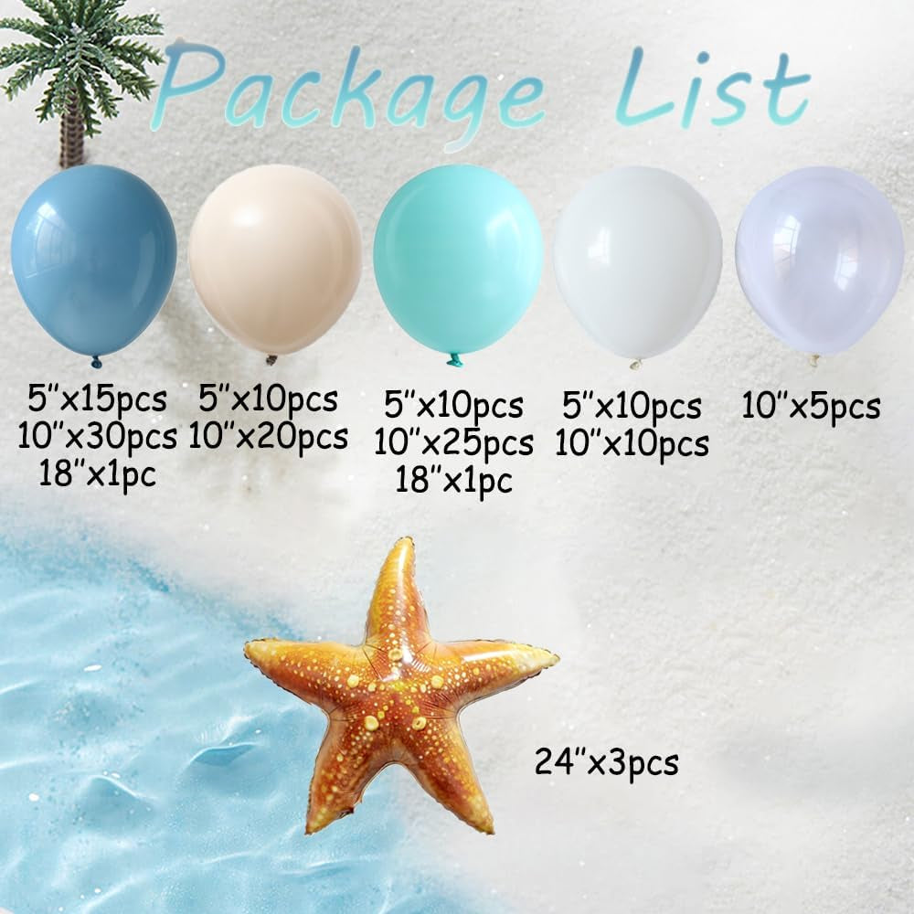 Under the Sea Party Decorations 140Pcs Blue and Sand White Balloons with Starfish Foil Balloons for Summer Ocean Beach Baby Shower Birthday Party Supplies