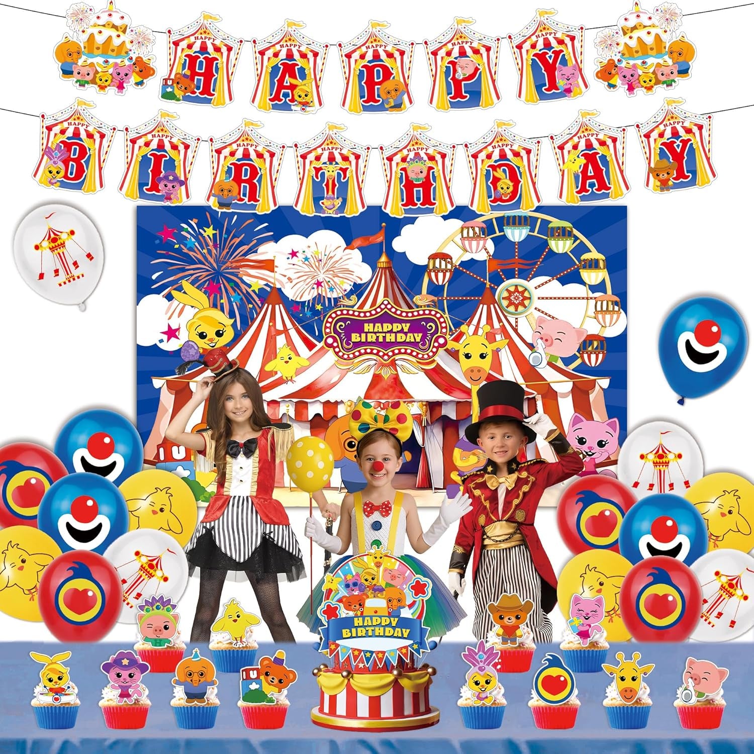 Circus Theme Birthday Party Decorations, Cartoon Carnival Animal Party Supplies with Happy Birthday Banner, Backdrop, Balloons, Cake & Cupcake Toppers for Carnival Themed Kids Birthday Party Decor