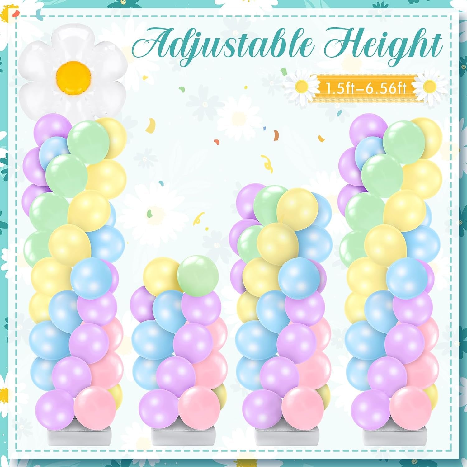 2 Sets Daisy Pastel Party Balloon Column Stand Kit, Adjustable Groovy Balloon Arch Stand Kit for Macaron Boho Summer Daisy Floral Theme Easter Party Decoration