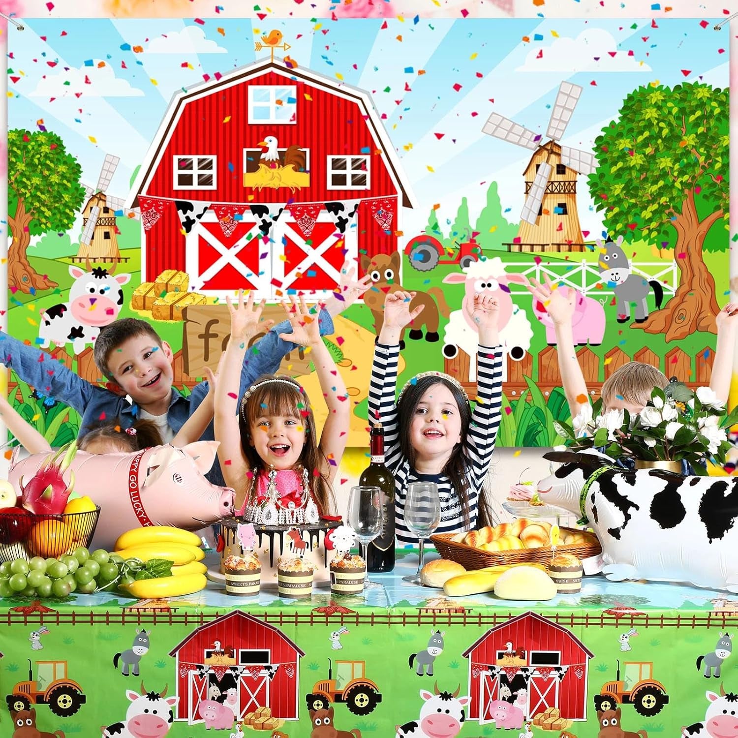 Farm Animals Theme Party Decorations Farm Barn Backdrop Banner Farmhouse Animals Decor Tablecloth Balloon Arch Garland Kit for Birthday Photography Baby Shower Party Supplies(Red)