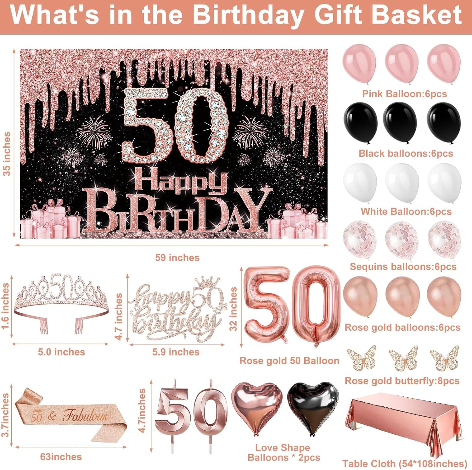 50Th Birthday Decorations for Women, 49Pcs Black Rose Gold Black Happy 50Th Birthday Banner, Tablecloth, Butterfly Decor, Sash and Tiara, Cake Topper, Candles, Balloons Arch