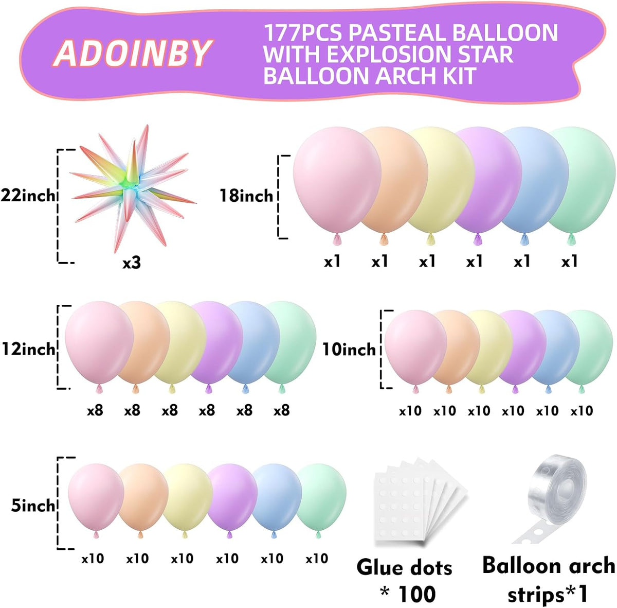 Pastel Balloon Arch Kit - 177-Piece Macaron Assorted Color Balloon and Star Garland Set for Baby Showers, Birthdays, Weddings, Easter, and Rainbow Party Decorations