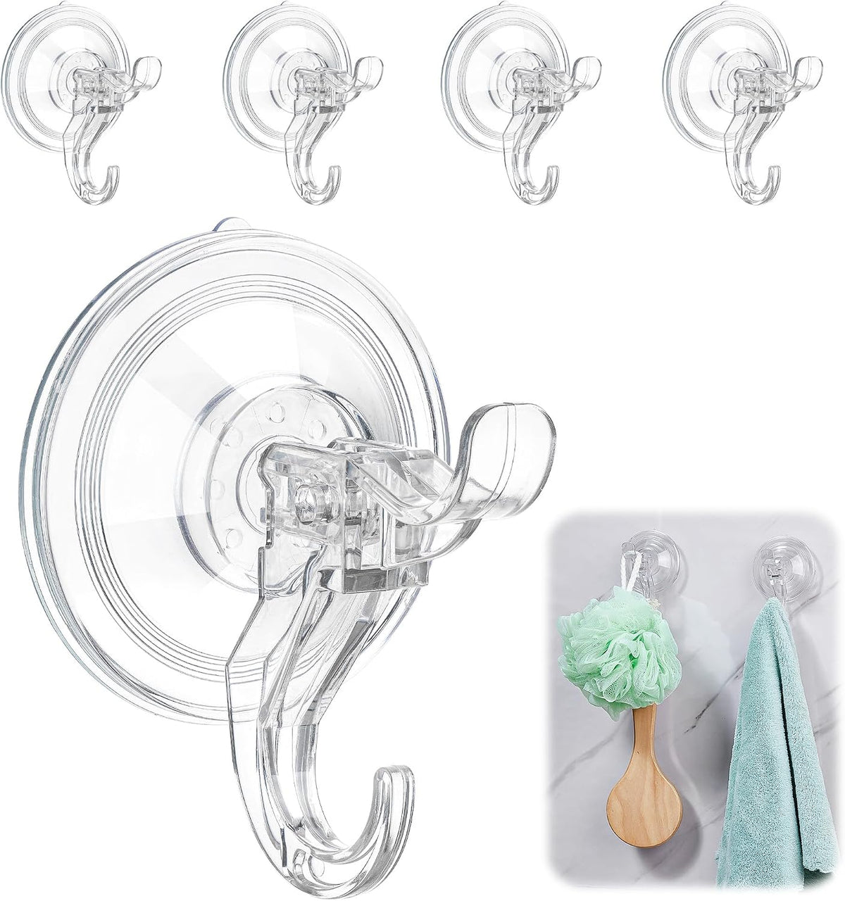 Set of 3 Clear Shower Suction Cup Hooks, Maximum Load Capacity 11 lbs