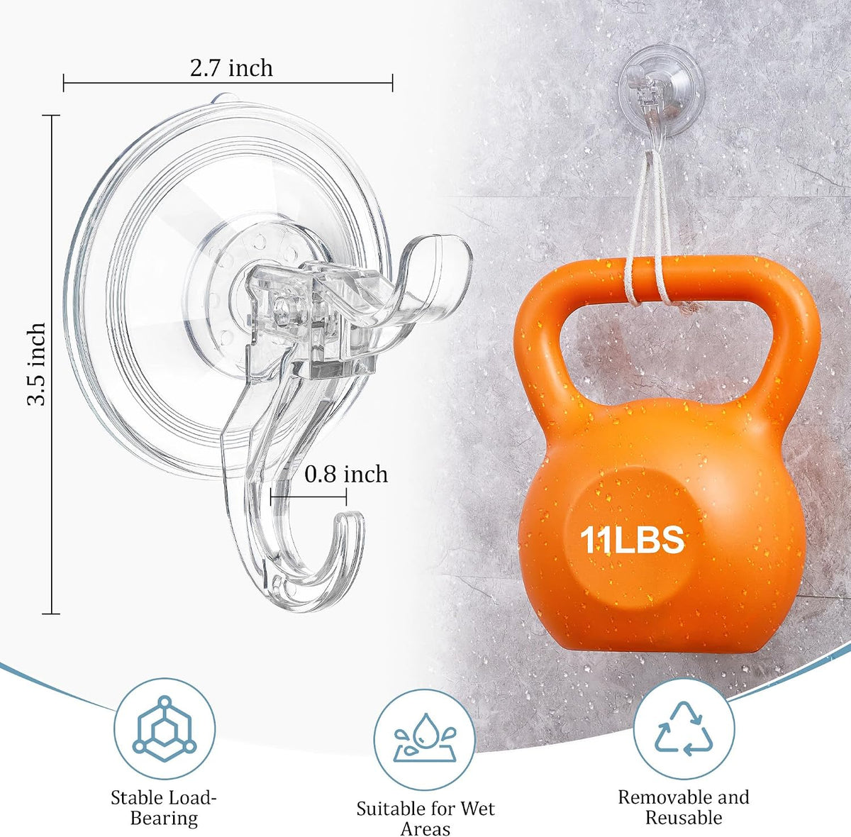 Set of 3 Clear Shower Suction Cup Hooks, Maximum Load Capacity 11 lbs