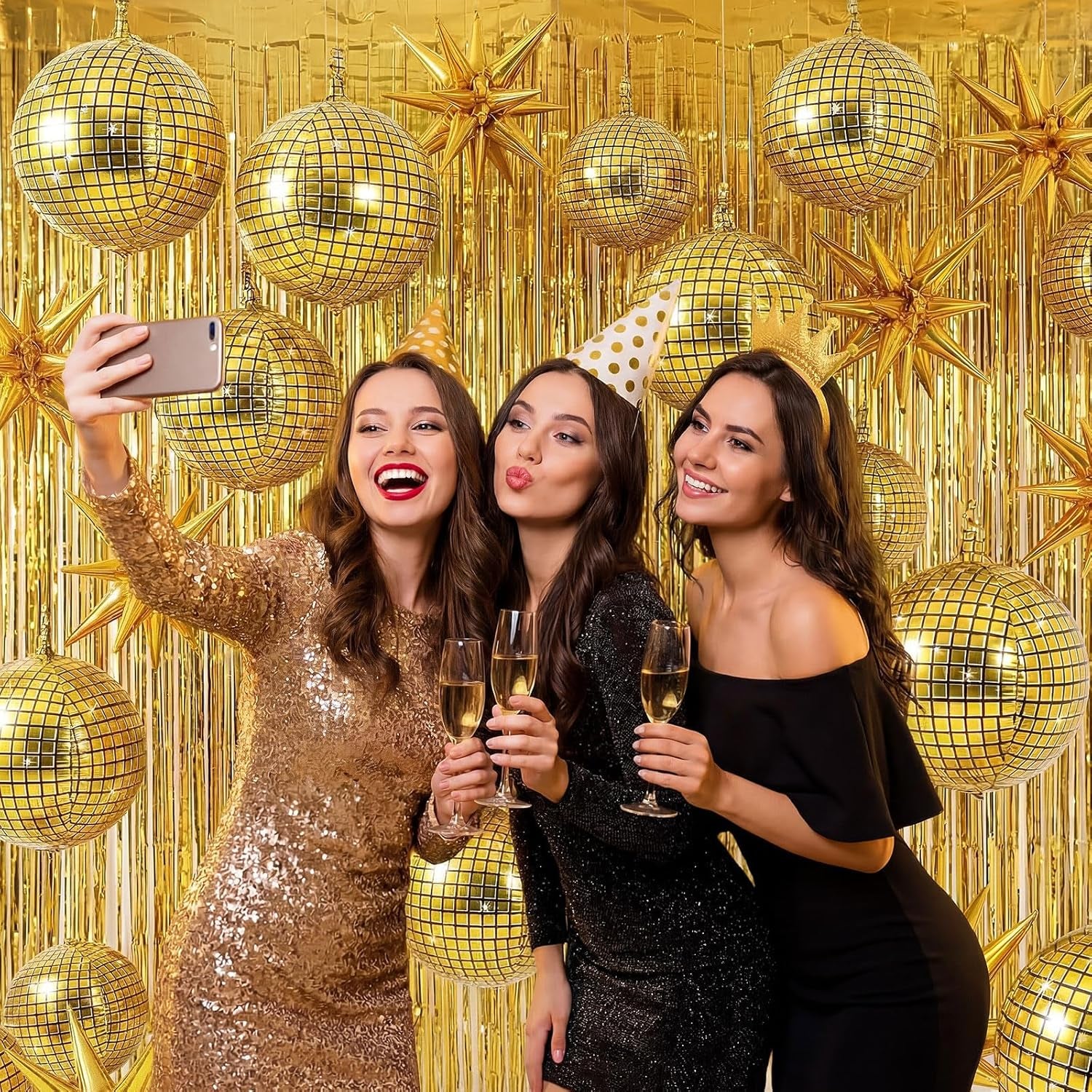 24 Pcs Gold Disco Party Decoration Sets 22'' 4D Ball Star Balloons Bright Metallic Tinsel Foil Fringe Curtains for Graduation Western Cowgirl Bride to Be Bachelorette