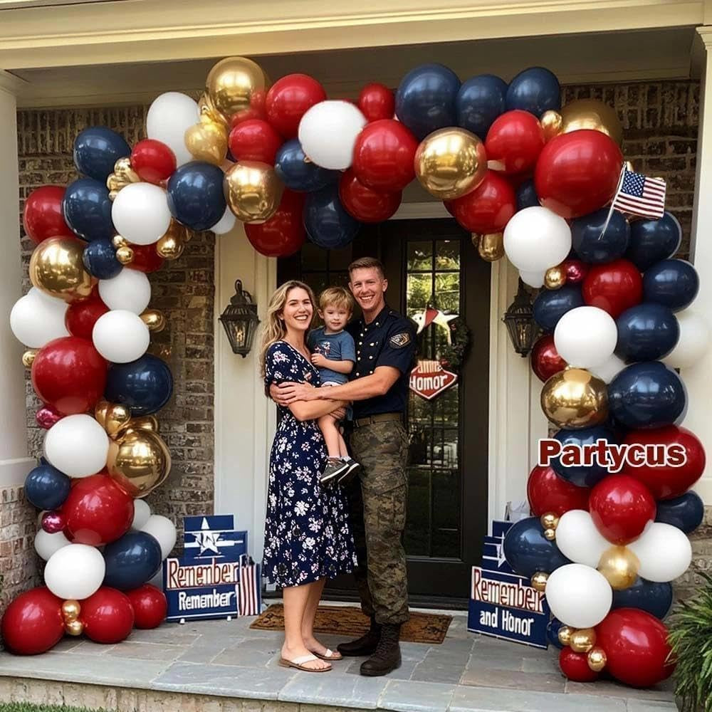 Red White Blue Balloon Arch Double Stuffed, Navy Blue Dark Ruby Red Balloon Garland Kit with Latex Gold for Birthday 4Th of July Patriot Graduation Independence Day Veterans Day Party Decoration