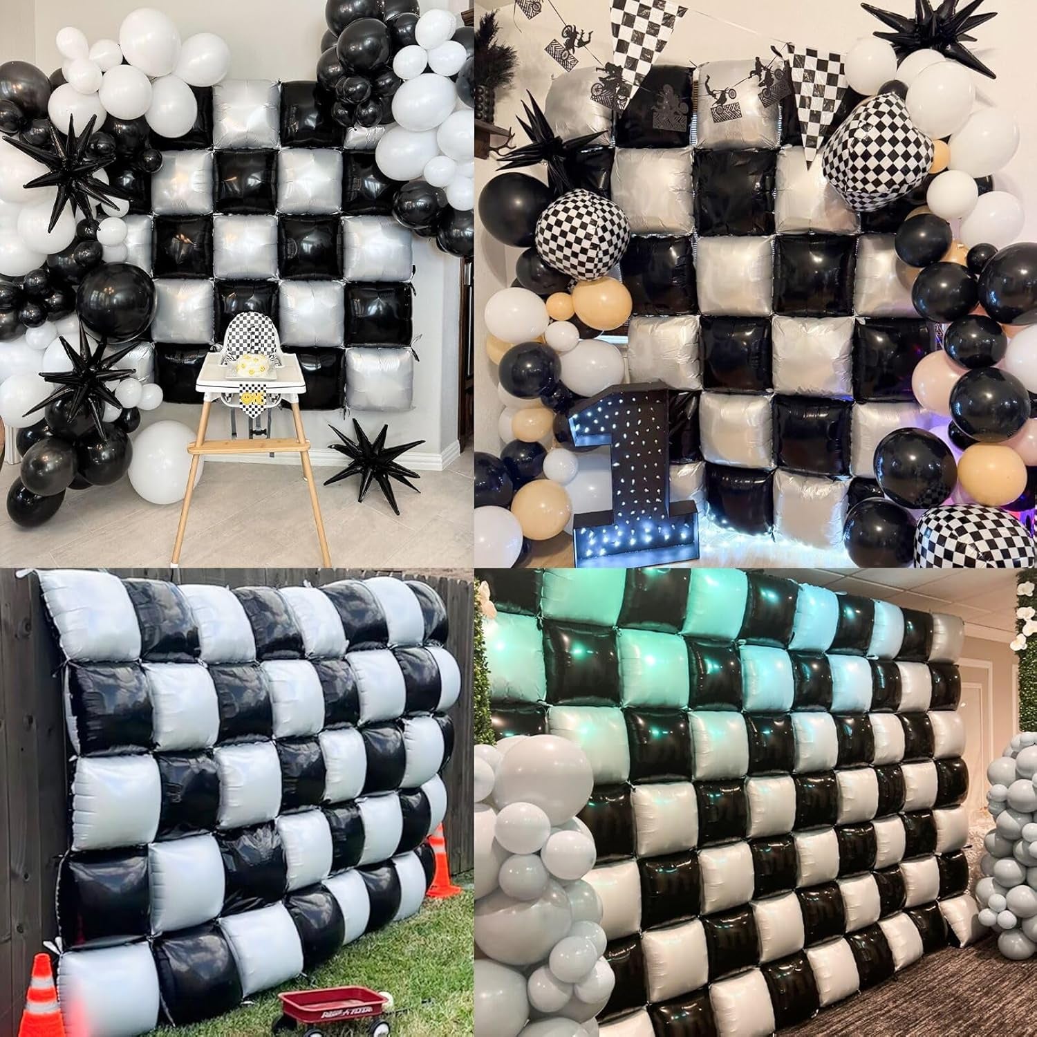 25Pcs Black and White Double Sided Foil Square Balloon Backdrop Wall with 139Pcs White Black Star Balloons Arch Balloon Tunnel for Checkered Racing Car Birthday New Year Party Decoration