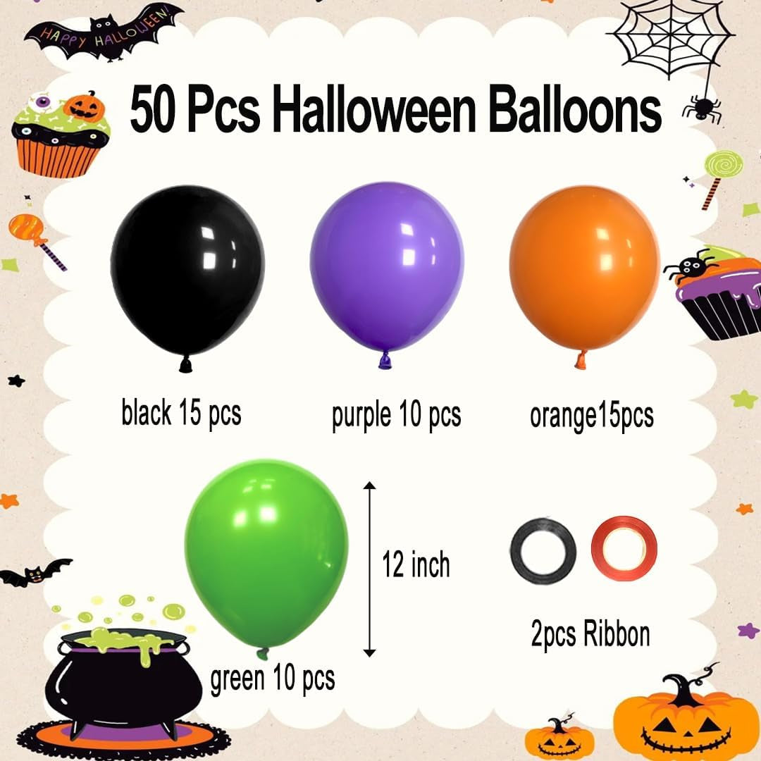 Halloween Party Balloons, 50Pcs 12Inch Green Purple Orange Black Balloons