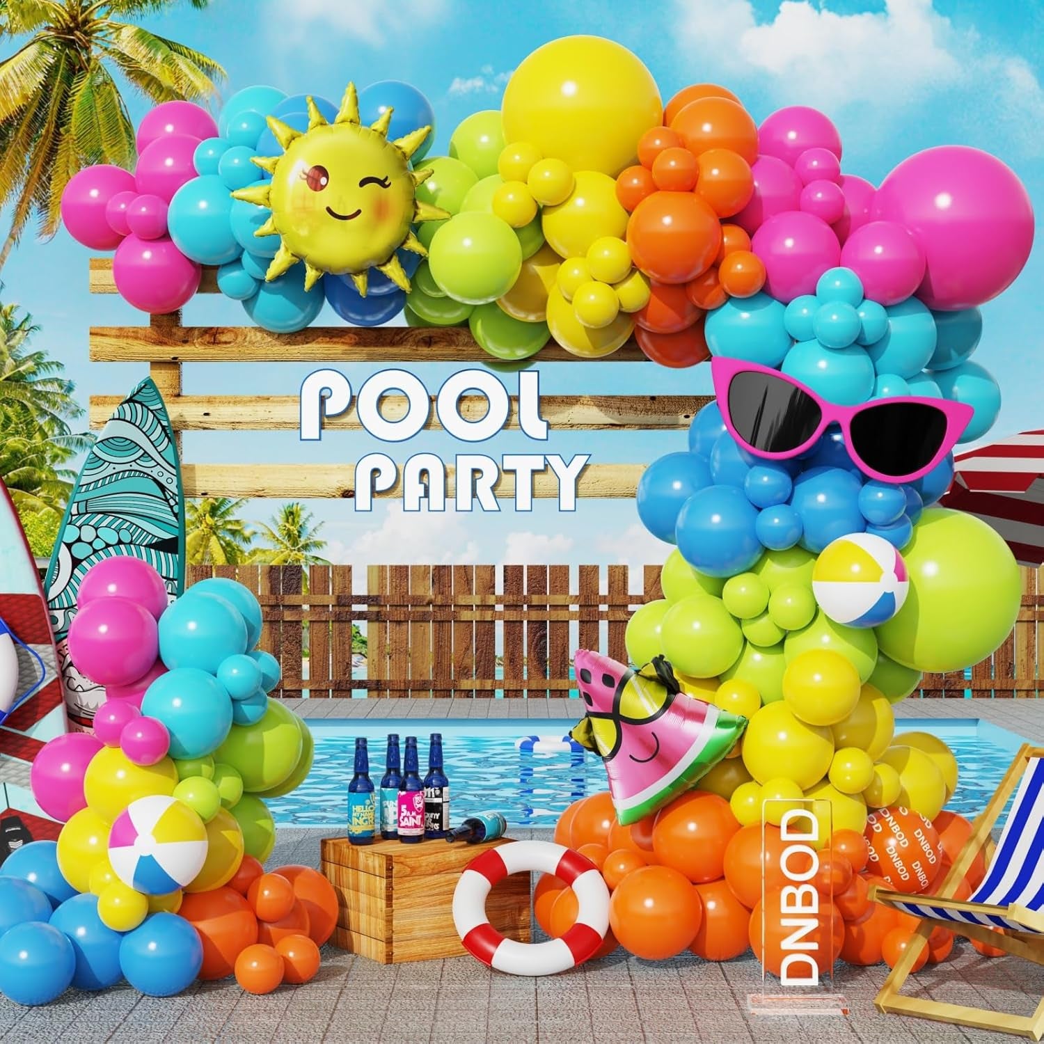 134Pcs Tropical Summer Beach Pool Party Balloon Garland Arch Kit,With Inflatable Beach Balls,Watermelon,Sun Foil Balloons for Hawaiian Luau Birthday Graduation Party Decorations - Hot Pink Yellow Blue