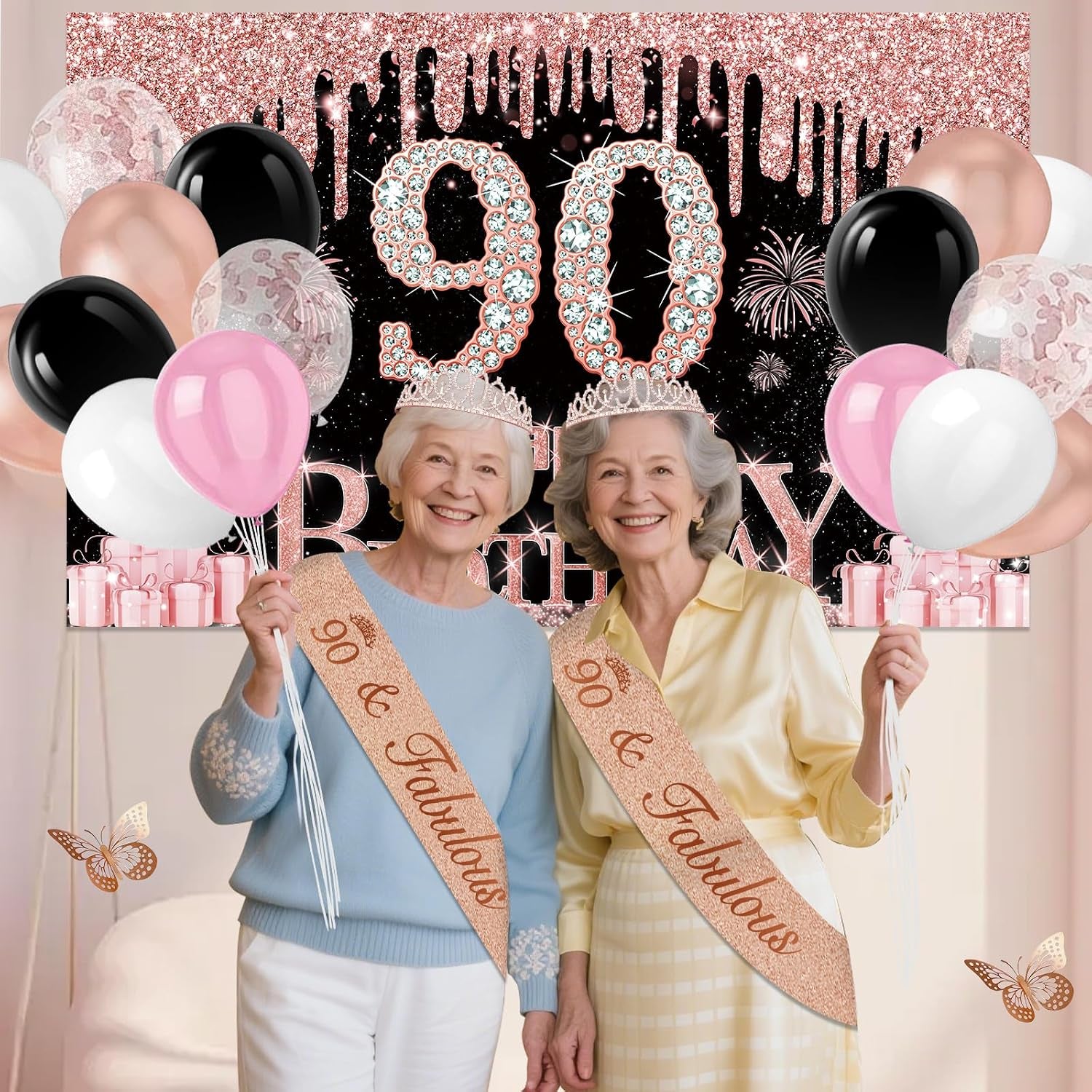 90Th Birthday Decorations for Women, 49Pcs Black Rose Gold Black Happy 90Th Birthday Banner, Tablecloth, Butterfly Decor, Sash and Tiara, Cake Topper, Candles, Balloons Arch
