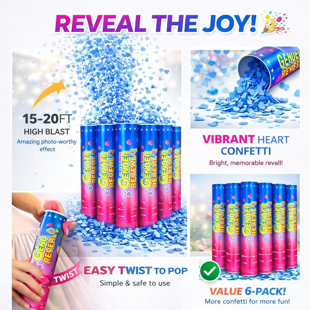 Gender Reveal Confetti Cannons Party Poppers – Gender Reveal Cannon Kit with Heart-Shaped Confetti – Easy Twist Shooters for Baby Reveal Party Decorations (Blue Confetti Cannoons)