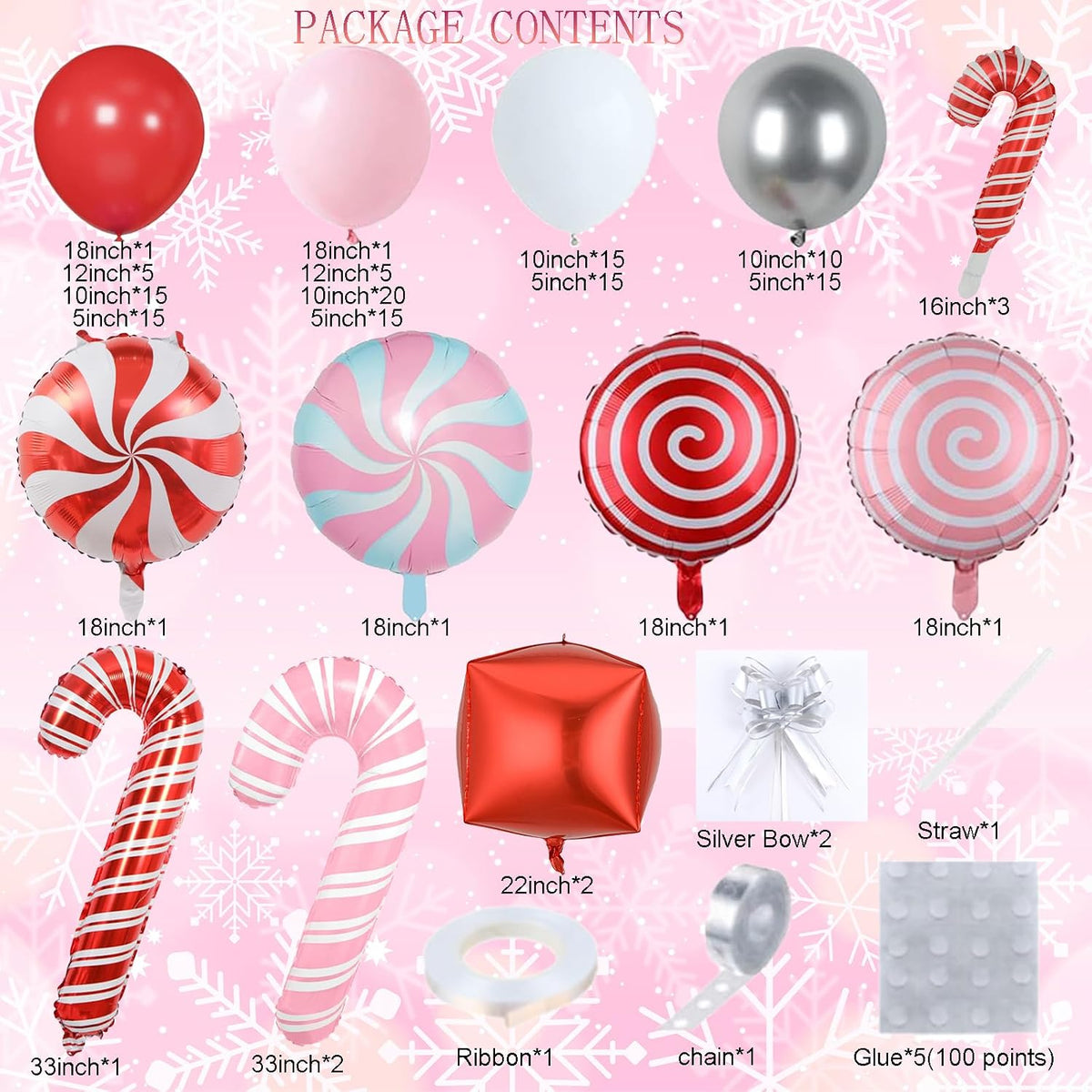 150-Piece Christmas Balloon Arch Kit - Pink, Red, White, and Silver Balloon Garland with Candy Cane and Lollipop Foil Balloons for Holiday Celebrations, Birthdays, and Baby Showers