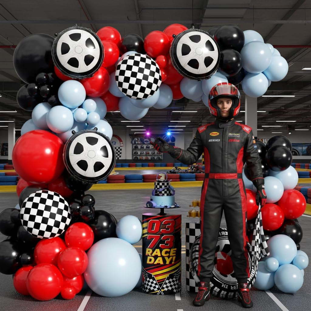 Race Car Balloon Arch Garland Kit - 154-Piece Set with Tire Flags and Checkered Balloons for Racing-Themed Birthday and Anniversary Celebrations