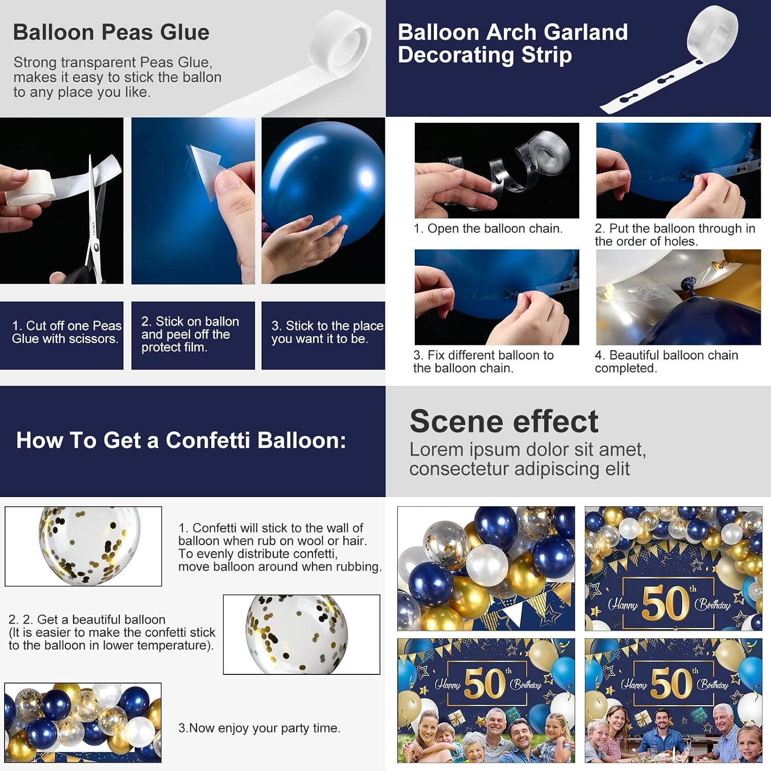 Navy Blue 50Th Happy Birthday Party Decorations Blue and Gold 50 Birthday Photography Backdrop Banner Confetti Balloons Arch Kit for Men Women 50Th Party Decorations Supplies