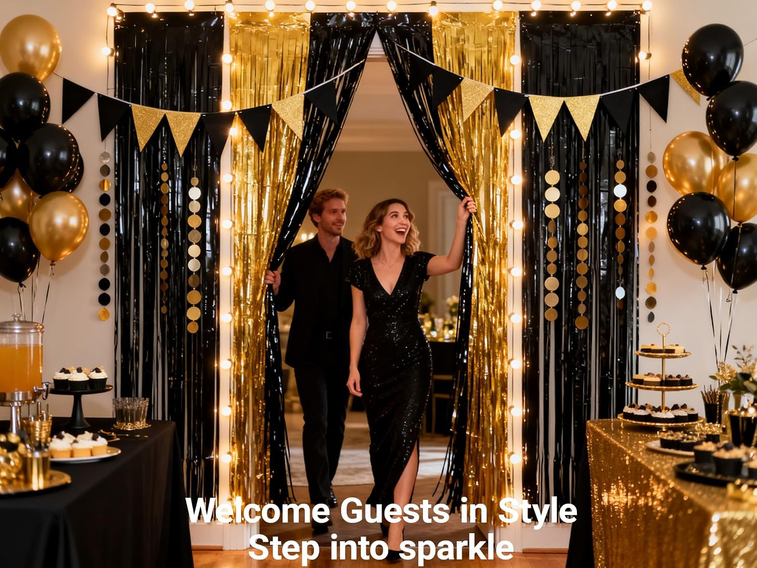 3-Pack Black Gold Foil Fringe Curtain,Party Decoration Streamer | 9.9*6.5Ft Party Backdrop,Birthday Tinsel,Happy Retirement Back Drop,Graduation ,Farewell,Summer Back to School