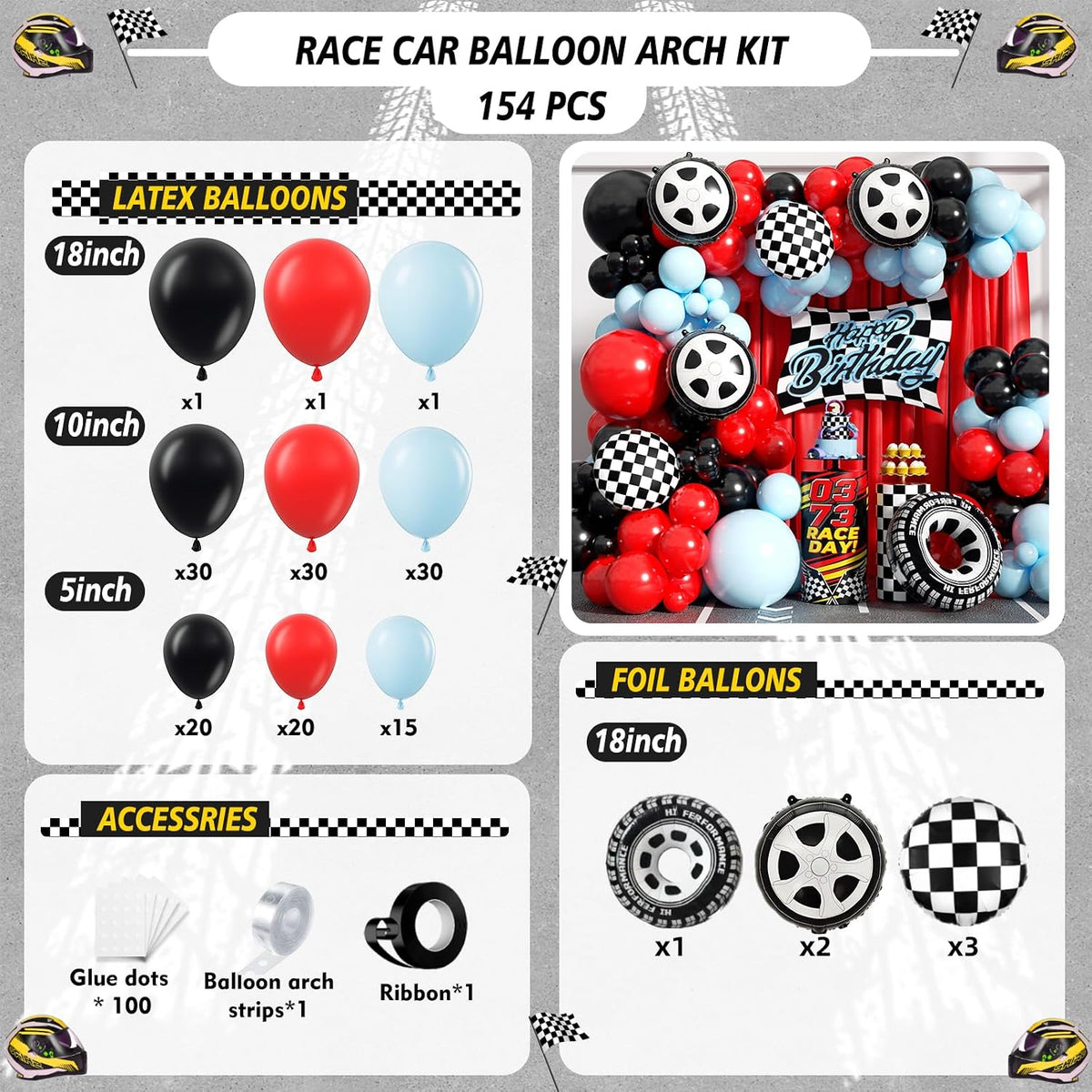Race Car Balloon Arch Garland Kit - 154-Piece Set with Tire Flags and Checkered Balloons for Racing-Themed Birthday and Anniversary Celebrations