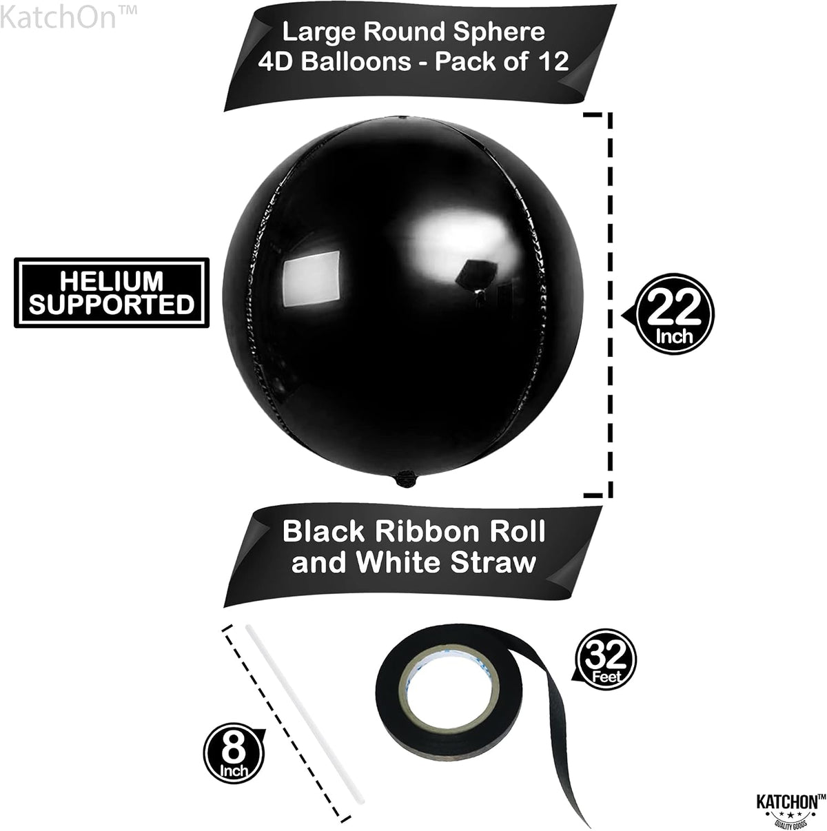22-Inch Black Mylar Round Foil Balloons - Pack of 12