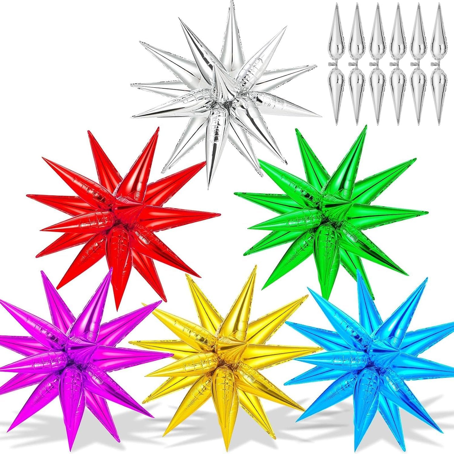 74 PCS Silver Star Balloons, 12 Point Star Foil Mylar Balloons Spike Explosion Cone Balloon for Party Decorations Supplies, Birthday, Wedding, Baby Shower, Graduation Balloon 2025
