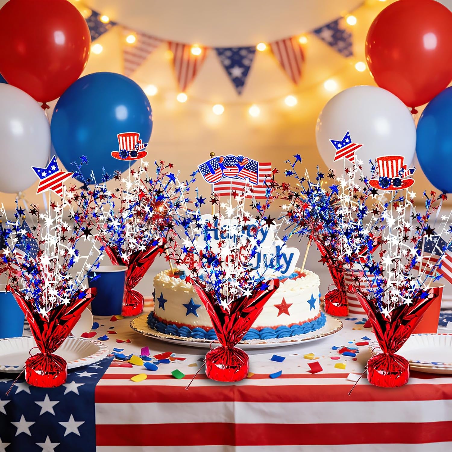 6 Pcs 4Th of July Table Decoration Red White and Blue Table Centerpiece Metallic Foil Spray Star Burst Patriotic 250Th Anniversary Independence Memorial Labor Veteran Day Tabletop Party Decor