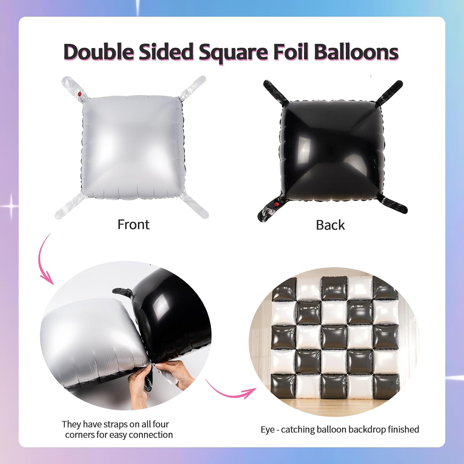 25Pcs Black and White Double Sided Foil Square Balloon Backdrop Wall with 139Pcs White Black Star Balloons Arch Balloon Tunnel for Checkered Racing Car Birthday New Year Party Decoration