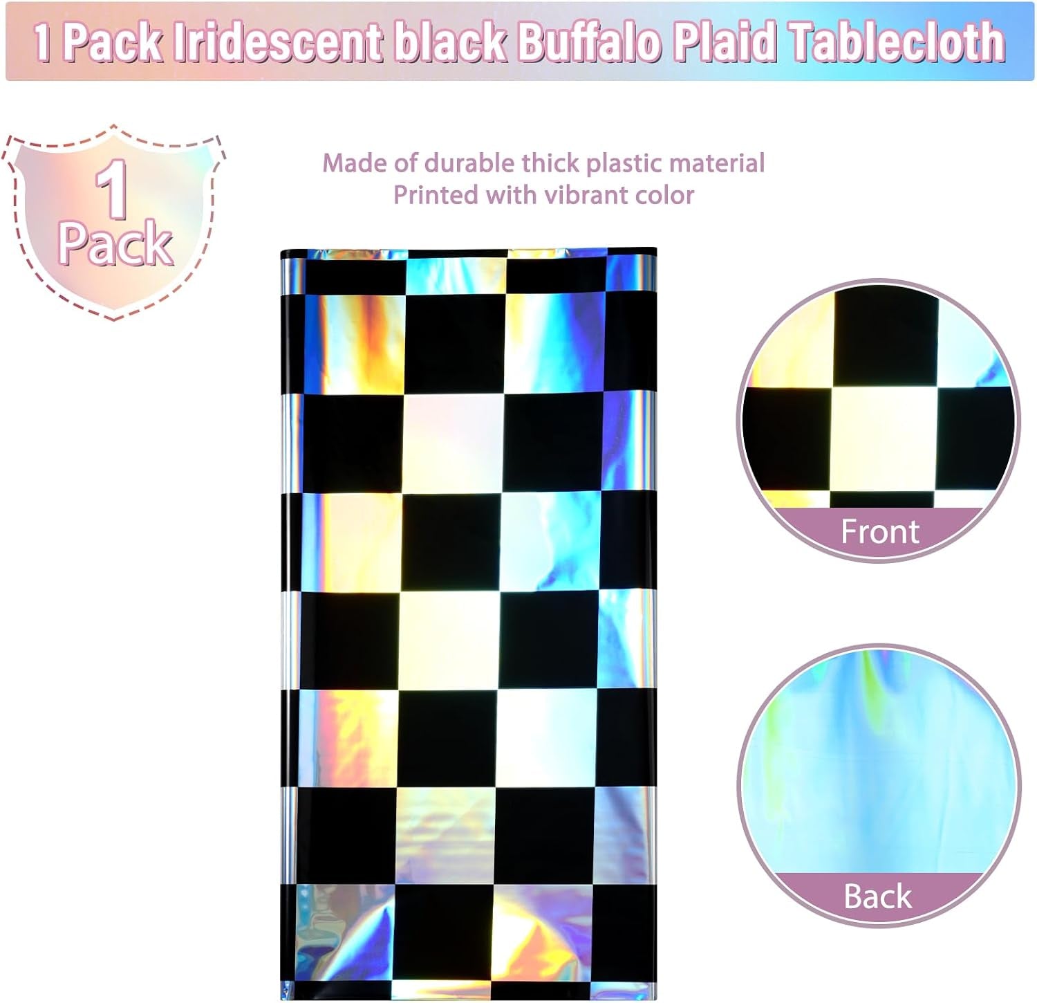 1Pack Black and Iridescent Checkered Plastic Tablecloth, Shiny Disposable Laser Rectangle Table Covers, Holographic Foil Tablecloth Iridescent Party Decorations for Picnic Camping Race Car, 54X108Inch