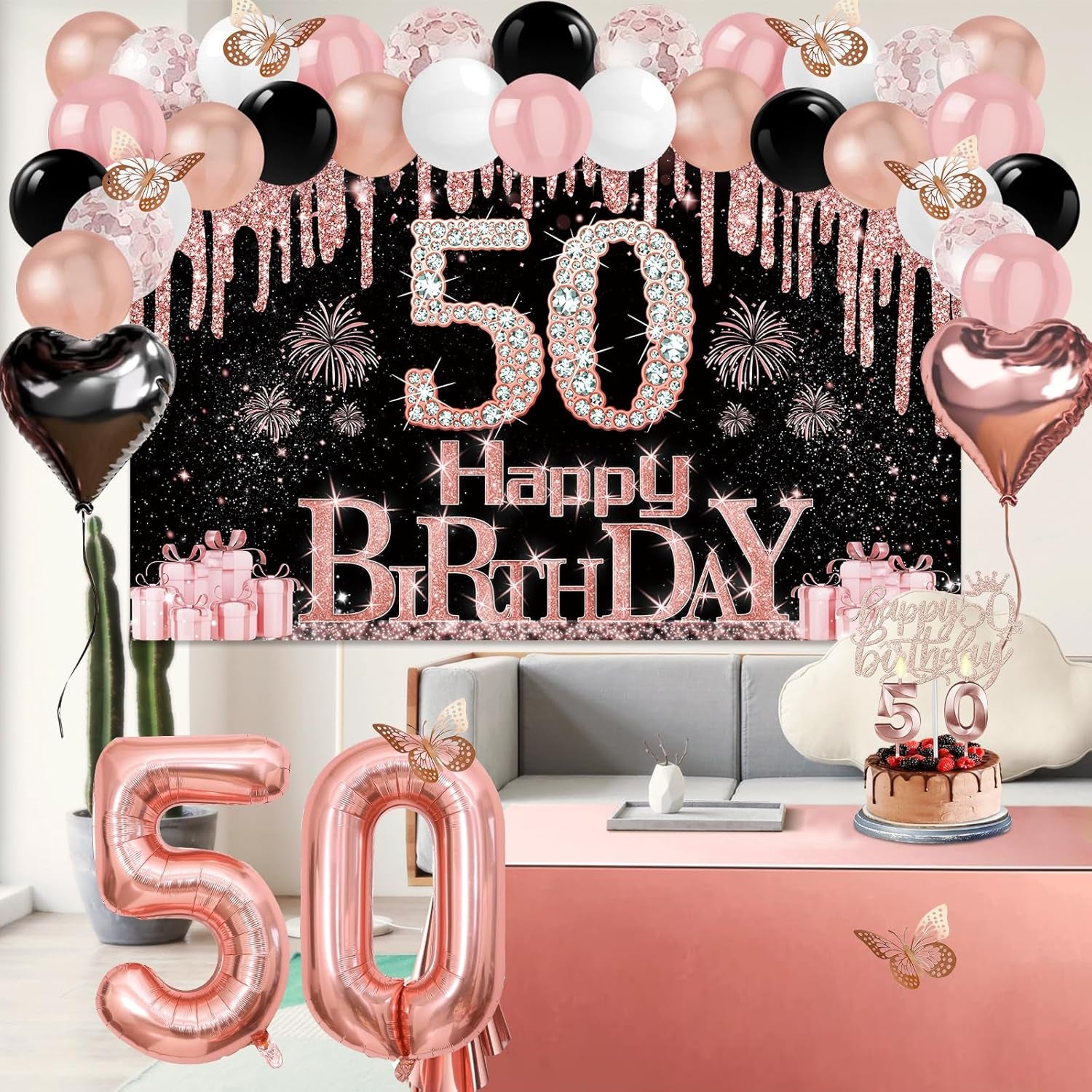 50Th Birthday Decorations for Women, 49Pcs Black Rose Gold Black Happy 50Th Birthday Banner, Tablecloth, Butterfly Decor, Sash and Tiara, Cake Topper, Candles, Balloons Arch