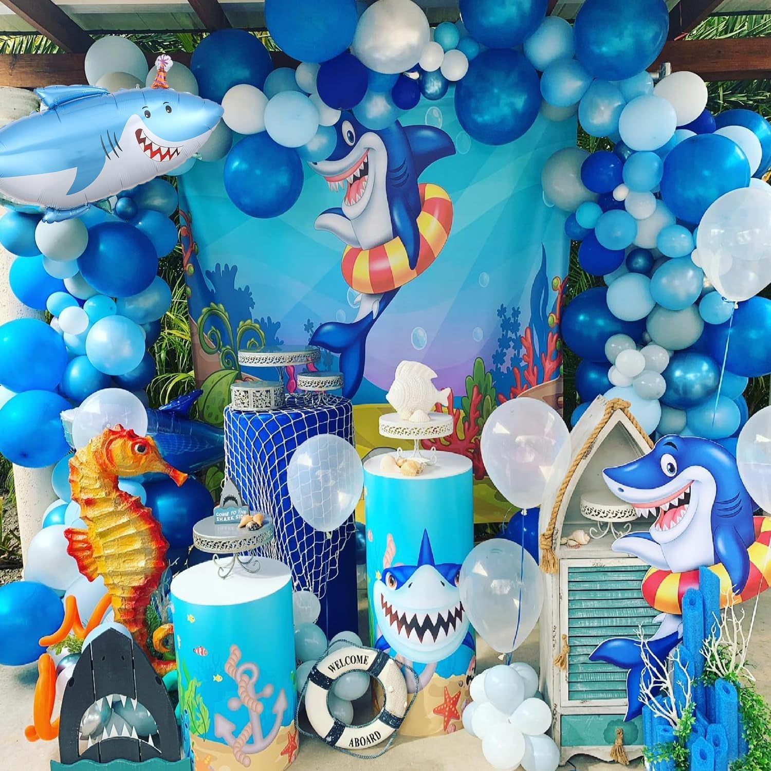 Shark Balloon Arch Kit for Ocean under the Sea Birthday Party Decorations 153Pcs Blue Balloon Garland Kit with Shark Foil Balloons for Kids Boys Shark Week Ocean Animals Theme Baby Shower Supplies