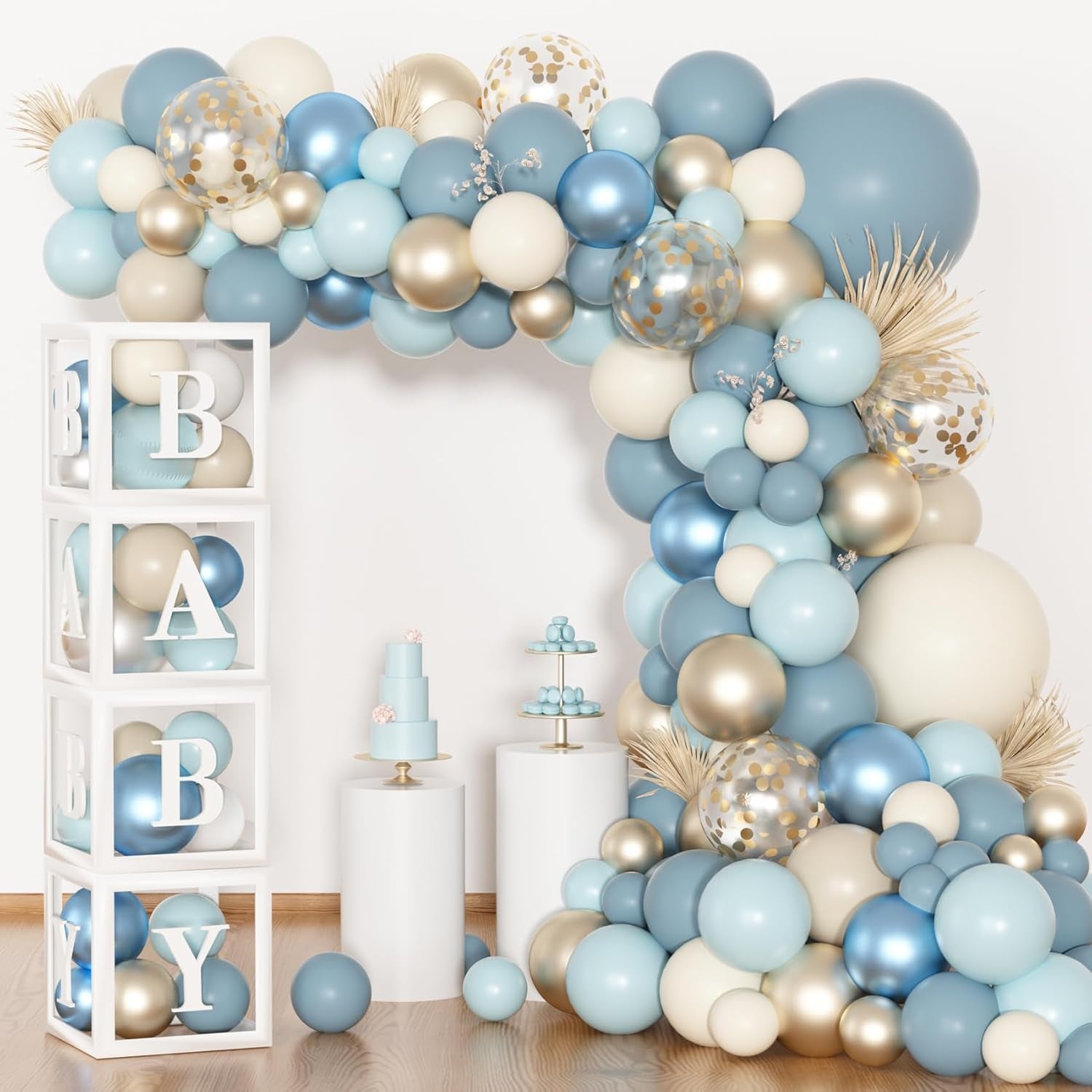 153Pcs Dusty Blue Balloon Baby Shower Decorations for Boy, Blue Balloon Arch Kit Baby Boxes with Letter (A-Z+Baby) for Boho Baby Shower Boy Birthday Gender Reveal Party Supplies