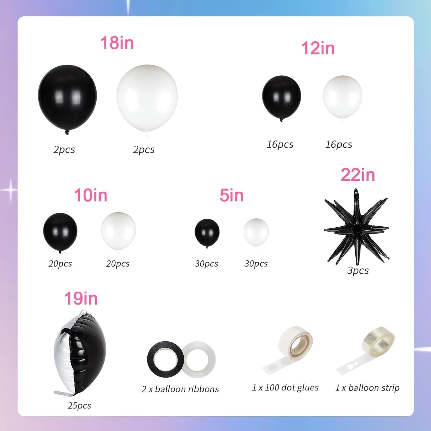 25Pcs Black and White Double Sided Foil Square Balloon Backdrop Wall with 139Pcs White Black Star Balloons Arch Balloon Tunnel for Checkered Racing Car Birthday New Year Party Decoration