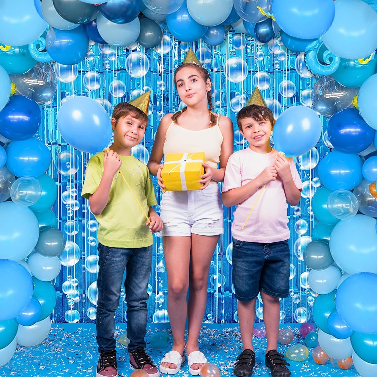 Under the Sea Party Decorations Ocean Balloon Garland Arch Kit, 135 PCS Blue Bubble Foil Fringe Curtains Backdrop Tinsel Streamer Photo Booth Props Mermaid Beach Themed Birthday Party Decor Supplies