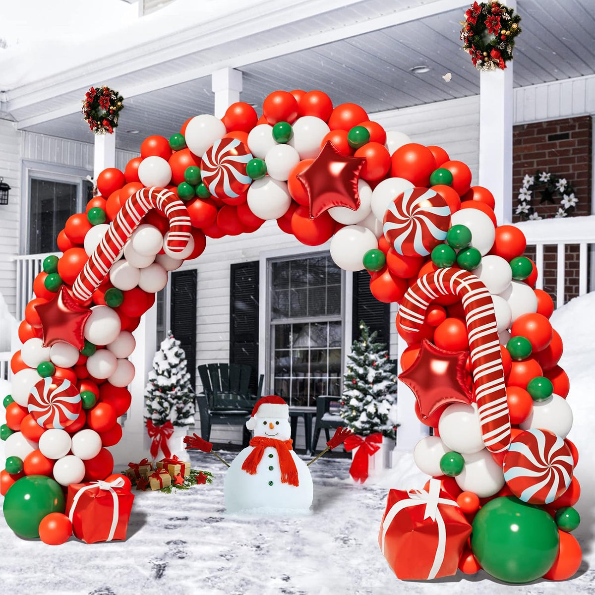 Christmas Balloon Garland Arch Kit - Includes Red and White Candy Balloons, Gift Box Balloons, and Red Star Balloons for Holiday Party Decorations