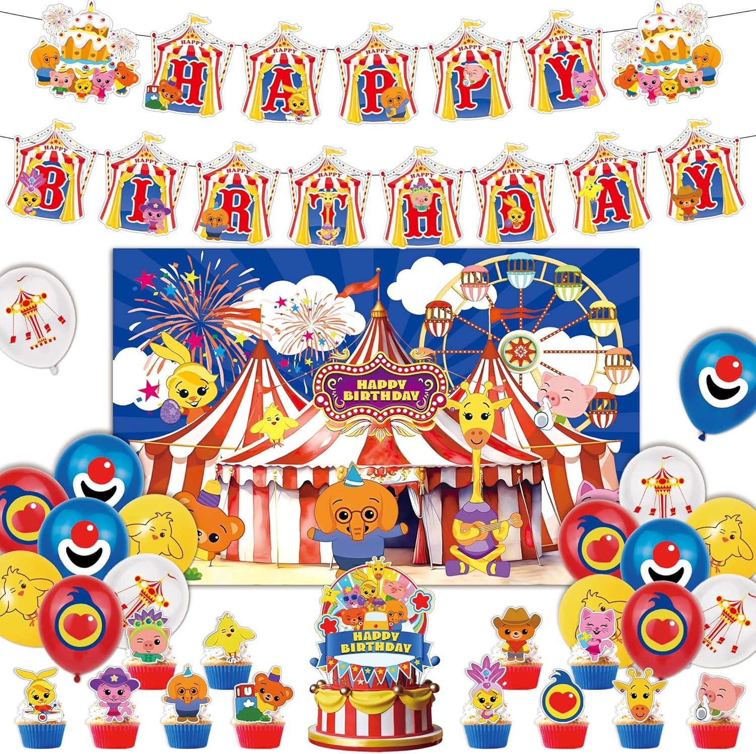 Circus Theme Birthday Party Decorations, Cartoon Carnival Animal Party Supplies with Happy Birthday Banner, Backdrop, Balloons, Cake & Cupcake Toppers for Carnival Themed Kids Birthday Party Decor