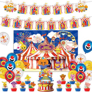 Circus Theme Birthday Party Decorations, Cartoon Carnival Animal Party Supplies with Happy Birthday Banner, Backdrop, Balloons, Cake & Cupcake Toppers for Carnival Themed Kids Birthday Party Decor
