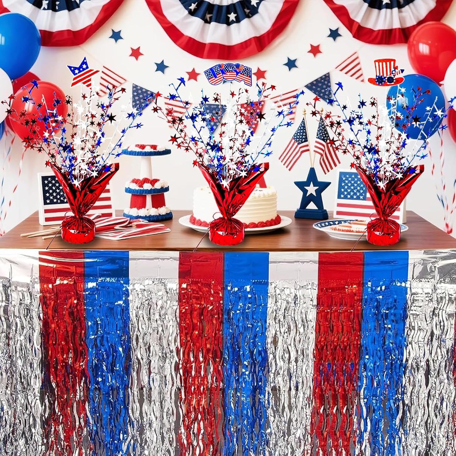 6 Pcs 4Th of July Table Decoration Red White and Blue Table Centerpiece Metallic Foil Spray Star Burst Patriotic 250Th Anniversary Independence Memorial Labor Veteran Day Tabletop Party Decor