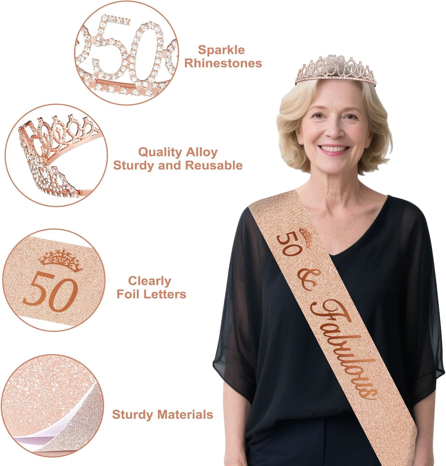 50Th Birthday Decorations for Women, 49Pcs Black Rose Gold Black Happy 50Th Birthday Banner, Tablecloth, Butterfly Decor, Sash and Tiara, Cake Topper, Candles, Balloons Arch