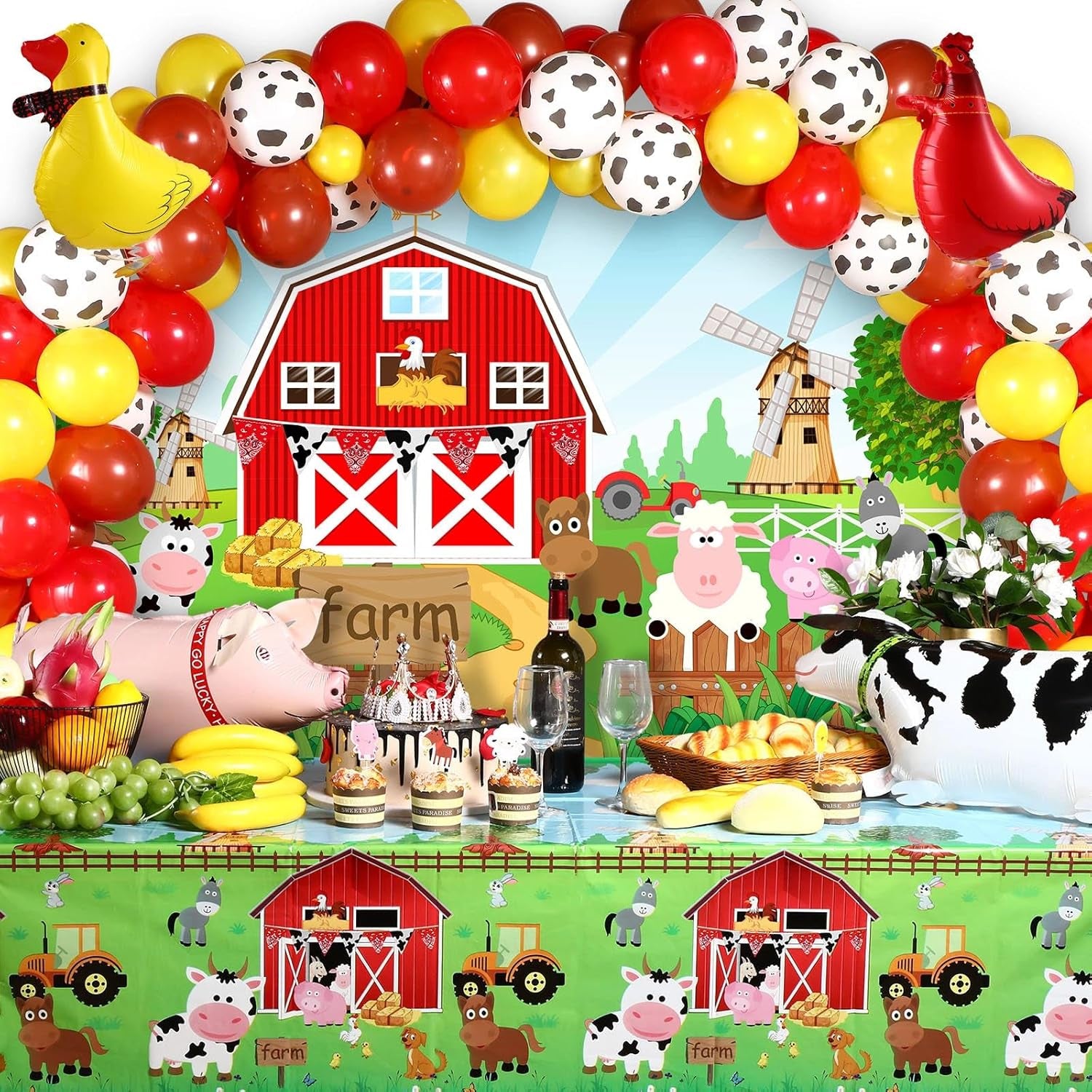 Farm Animals Theme Party Decorations Farm Barn Backdrop Banner Farmhouse Animals Decor Tablecloth Balloon Arch Garland Kit for Birthday Photography Baby Shower Party Supplies(Red)