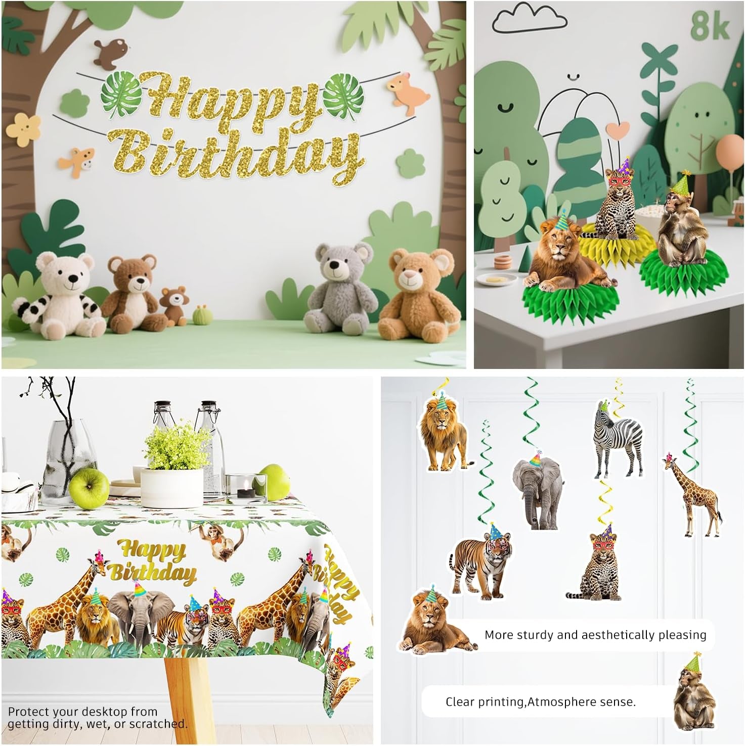201Pcs Safari Birthday Decorations Tableware Set, 25 Serves Safari Plates and Napkins for Party with 2Pcs Tablecloth, Banner, Balloons for Jungle Birthday Party Decorations
