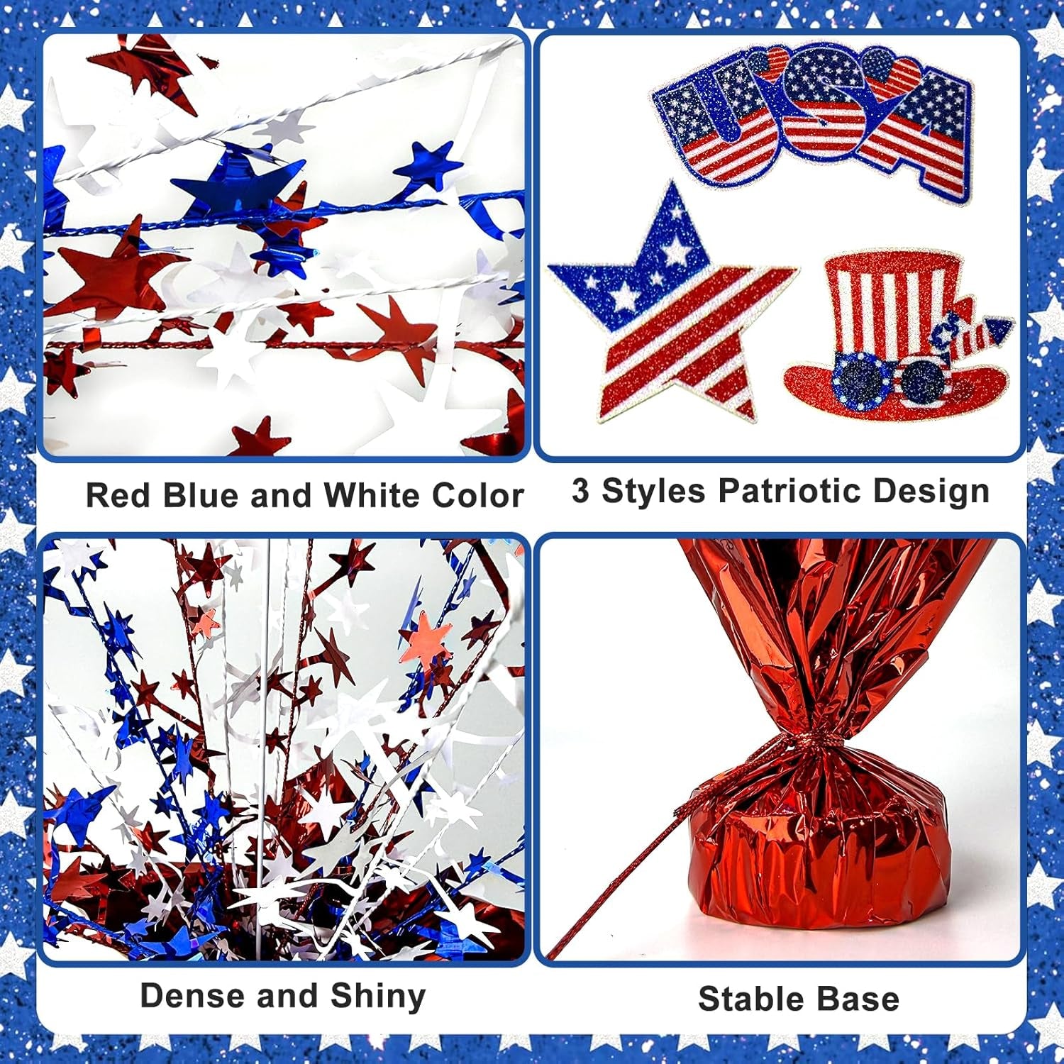 6 Pcs 4Th of July Table Decoration Red White and Blue Table Centerpiece Metallic Foil Spray Star Burst Patriotic 250Th Anniversary Independence Memorial Labor Veteran Day Tabletop Party Decor