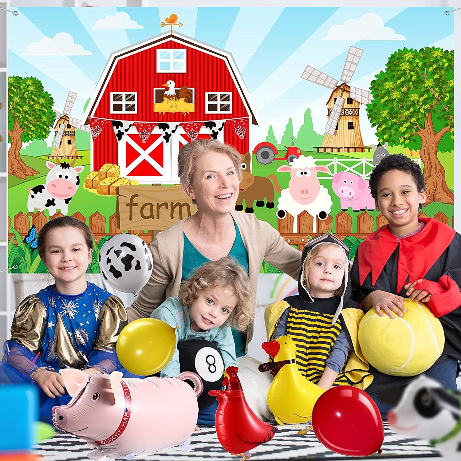 Farm Animals Theme Party Decorations Farm Barn Backdrop Banner Farmhouse Animals Decor Tablecloth Balloon Arch Garland Kit for Birthday Photography Baby Shower Party Supplies(Red)