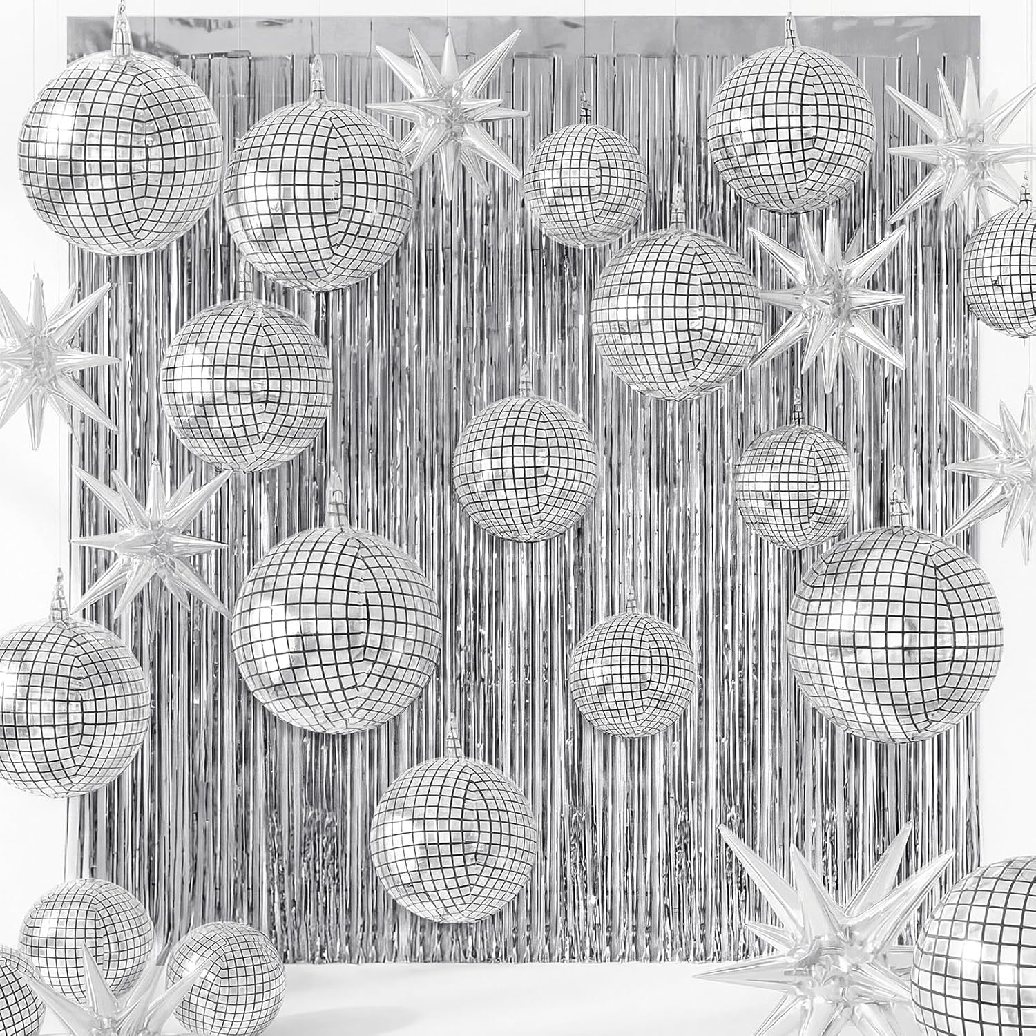 24 Pcs Silver Disco Party Decoration Sets 22'' 4D Disco Ball Star Balloons Shiny Metallic Tinsel Foil Fringe Curtains for Graduation Western Cowgirl Bride to Be Bachelorette Birthday