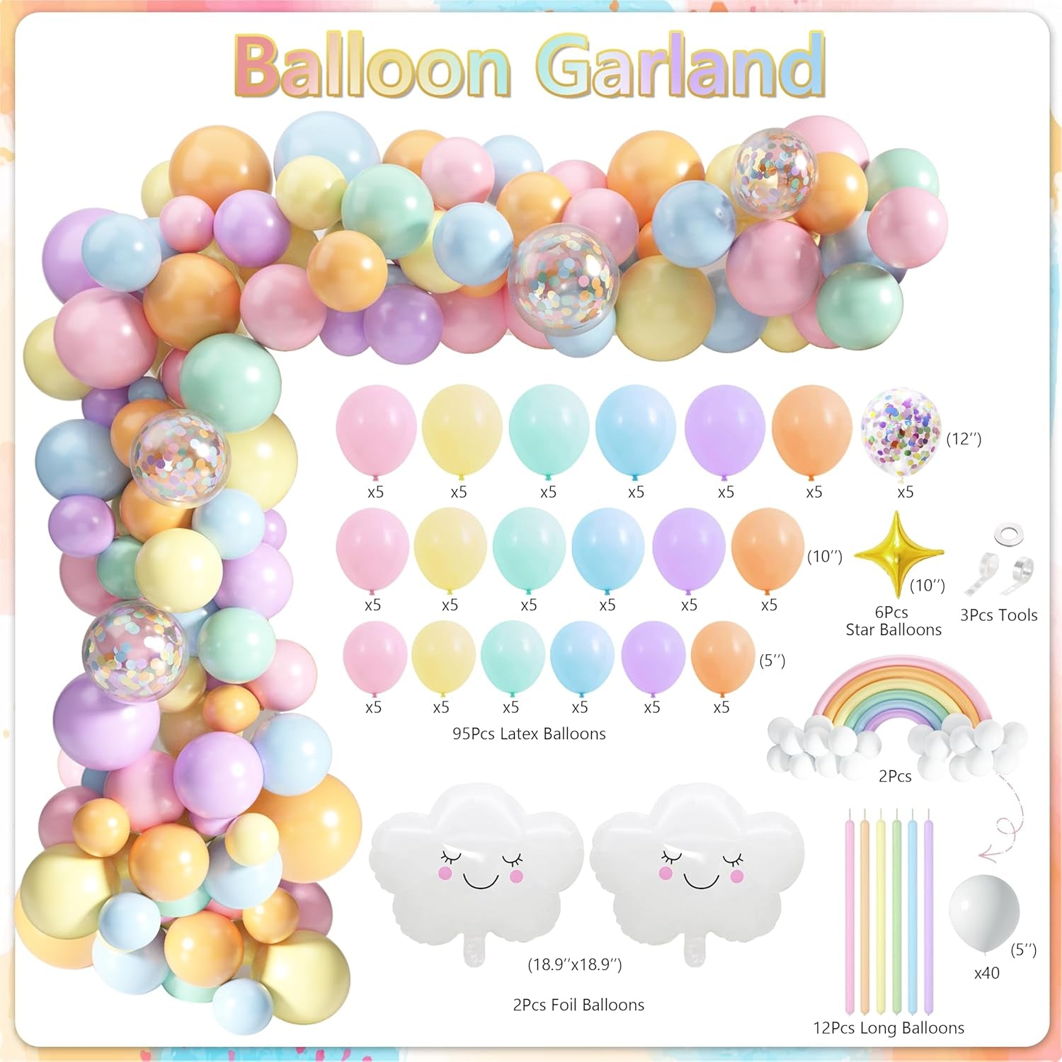 Pastel Rainbow Birthday Decorations 182Pcs Rainbow Party Supplies, Include Pastel Balloon Arch Kit with Rainbow Foil Balloons Streamer Backdrop Tablecloth Banner Garland Cake Toppers Paper Pompoms