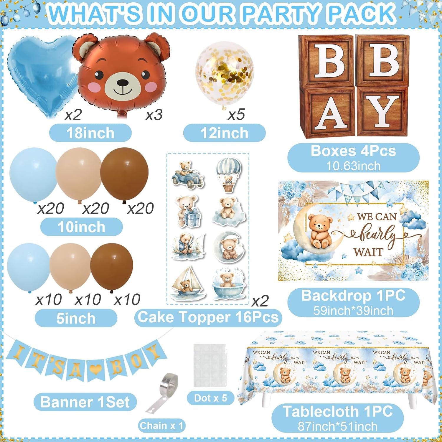 We Can Bearly Wait Baby Shower Decorations -Teddy Bear Boho Balloons Banner Boxes Cupcake Topper, We Can Bearly Wait Sign Backdrop Tablecloth, Boy Baby Shower Decorations Gender Reveal Party Decor