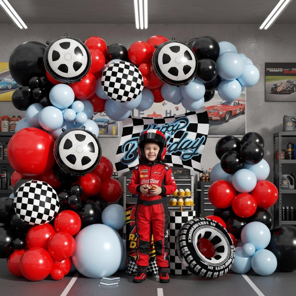 Race Car Balloon Arch Garland Kit - 154-Piece Set with Tire Flags and Checkered Balloons for Racing-Themed Birthday and Anniversary Celebrations