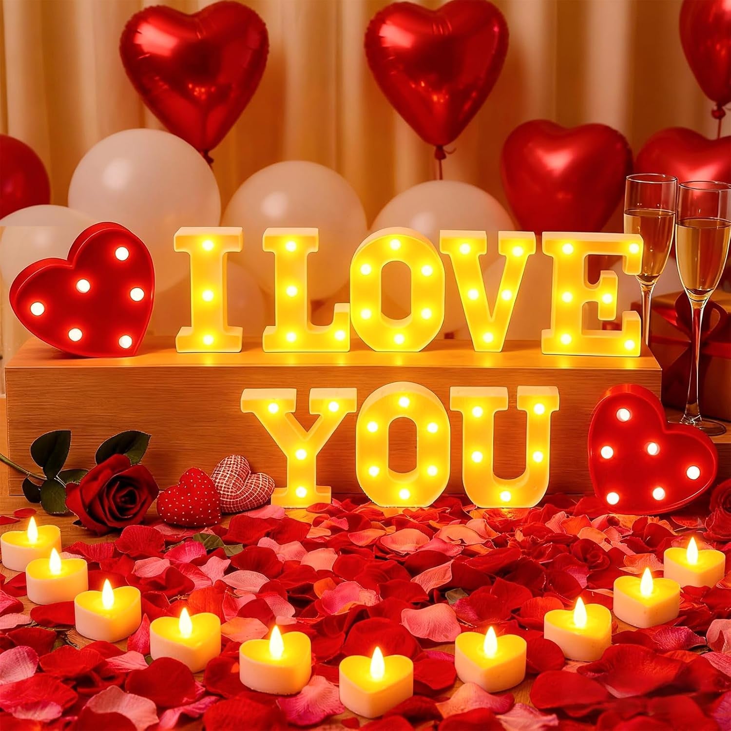 Marry Me Light up Letters, with 30 Tea Lights Candles, Rose Petals, Aluminum Balloons, Balloons, Red Carpet, Rose Ring Box, Double Sided Tape, Valentine'S Day Proposal Engagement Wedding Decorations