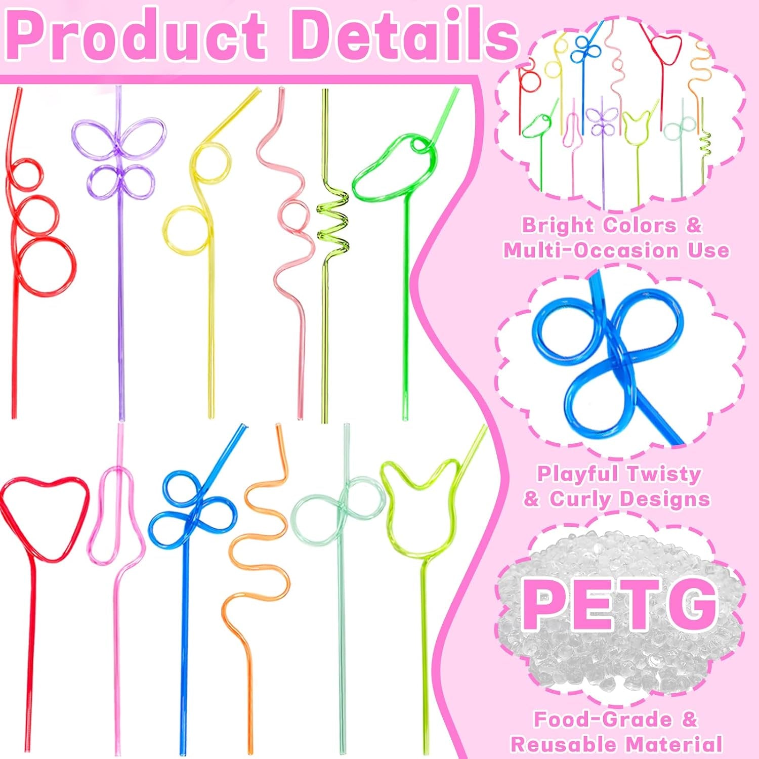 Summer-Beach-Pool-Party-Favors-Supplies-Straw-Fun-Silly-Crazy-Straws-For-Kids-24Pcs Reusable Cute Twisty Curly Drinking Straw Bulk for Wedding, Holiday Birthday Bachelorette Party Decorations