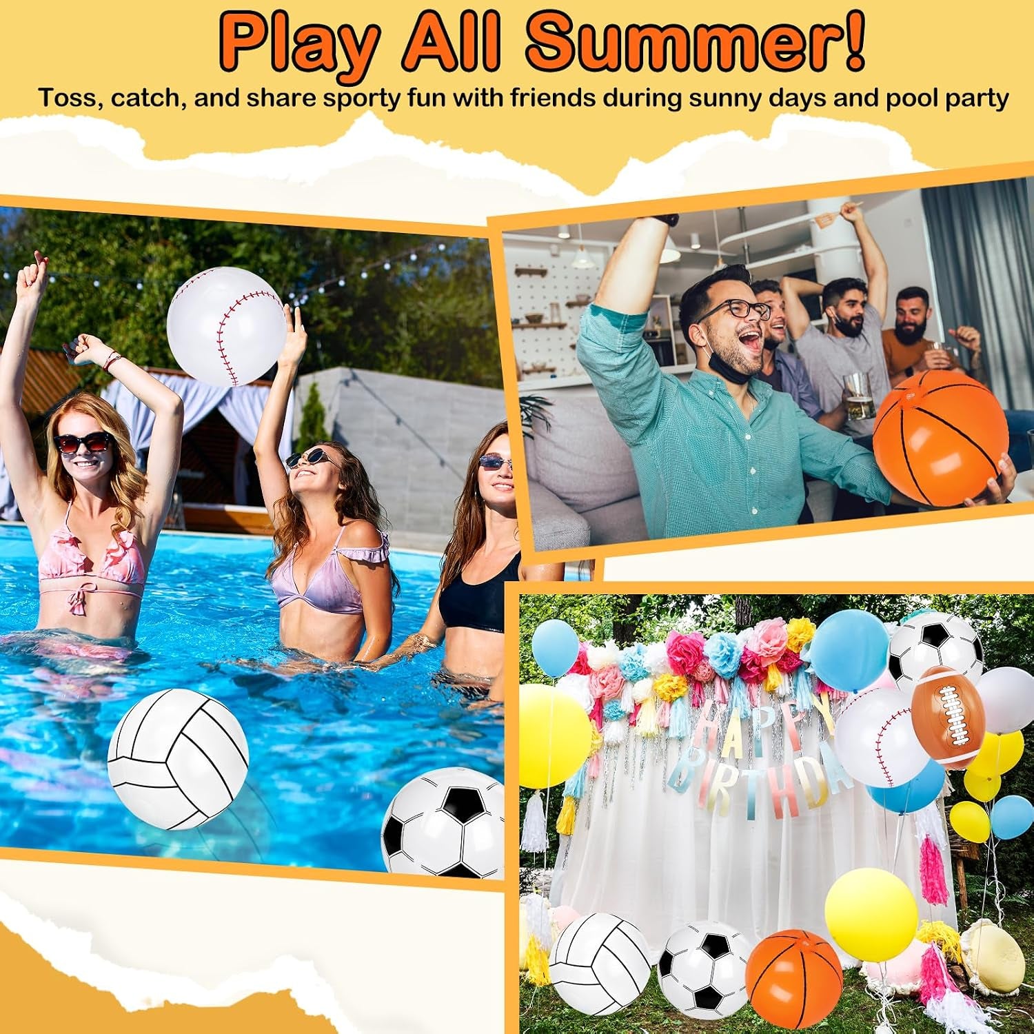 20/30/40/60 Pcs Inflatable Sports Beach Balls, 8" Inflatable Basketball Baseball Football Soccer Volleyball Beach Balls Bulk for Summer Pool Game Sports Themed Party Decorations Birthday Party Favors
