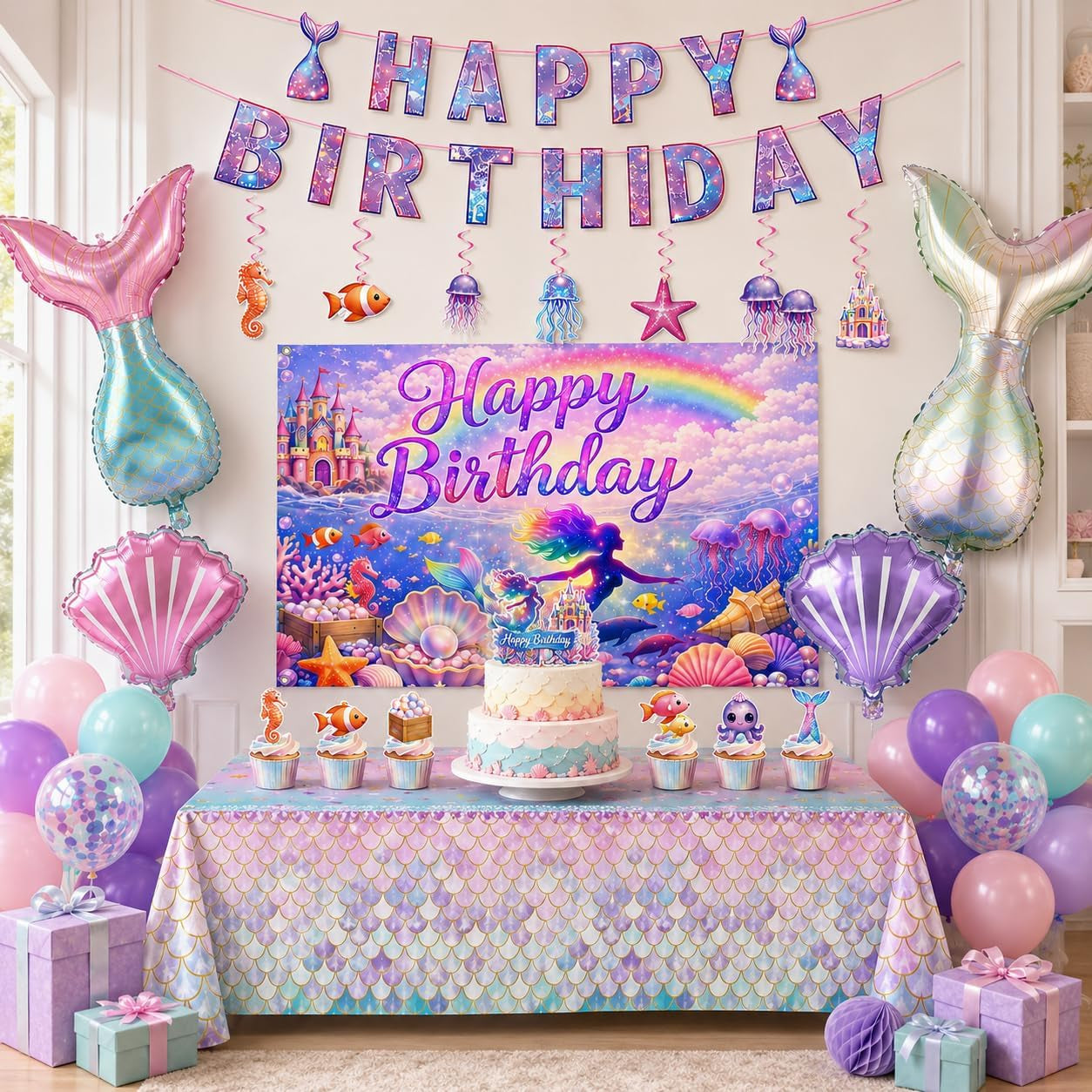 Mermaid Birthday Party Decorations Set, Sea Party Supplies with Happy Birthday Banner, Mermaid Backdrop,Tablecloth, Foil & Latex Balloons,Cake Toppers Hanging Swirls for Girls Birthday Party