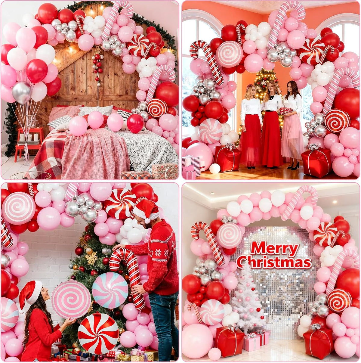 150-Piece Christmas Balloon Arch Kit - Pink, Red, White, and Silver Balloon Garland with Candy Cane and Lollipop Foil Balloons for Holiday Celebrations, Birthdays, and Baby Showers
